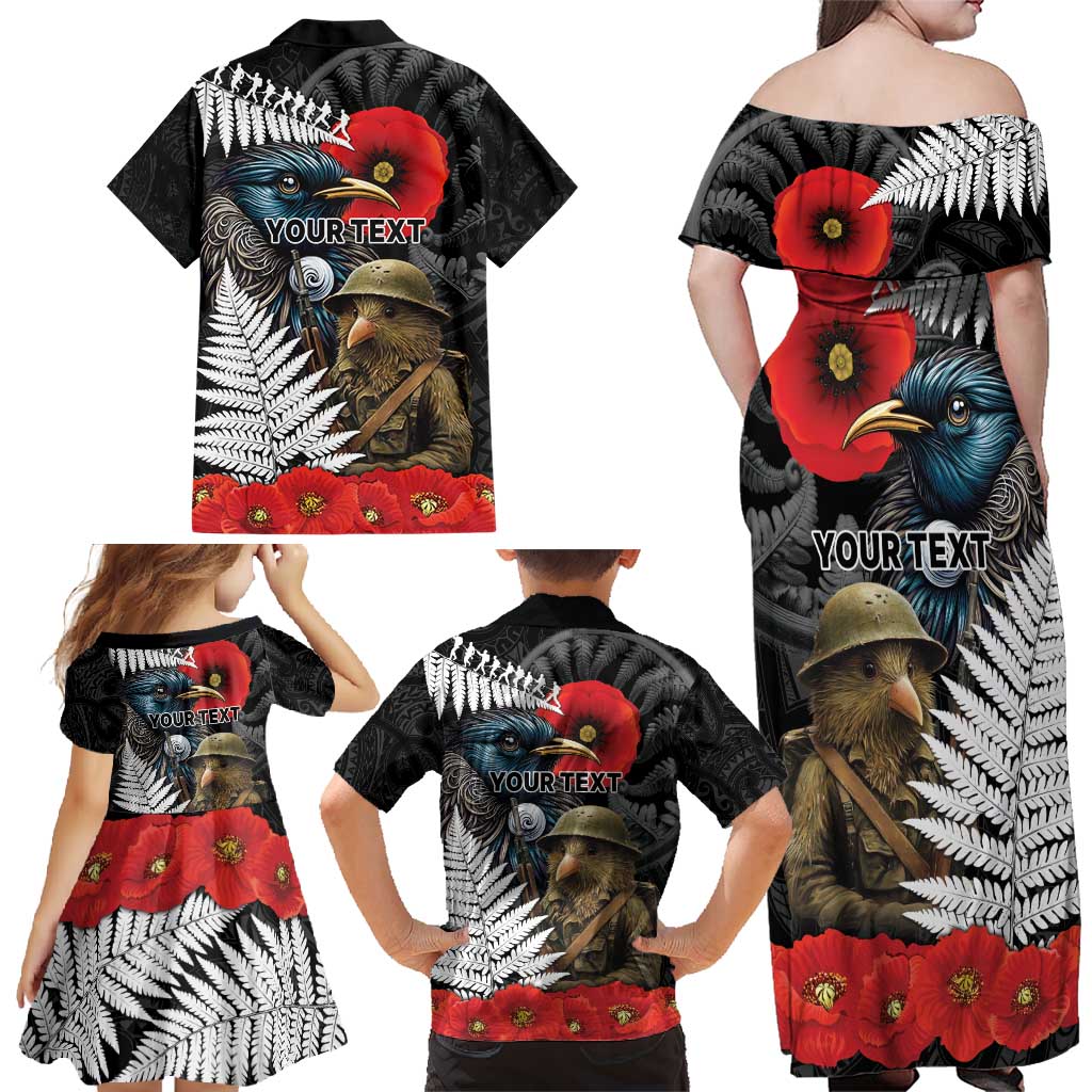 Kiwi-Tui Bird Soldier ANZAC Day Personalised Family Matching Off Shoulder Maxi Dress and Hawaiian Shirt Maori Silver Fern Motif
