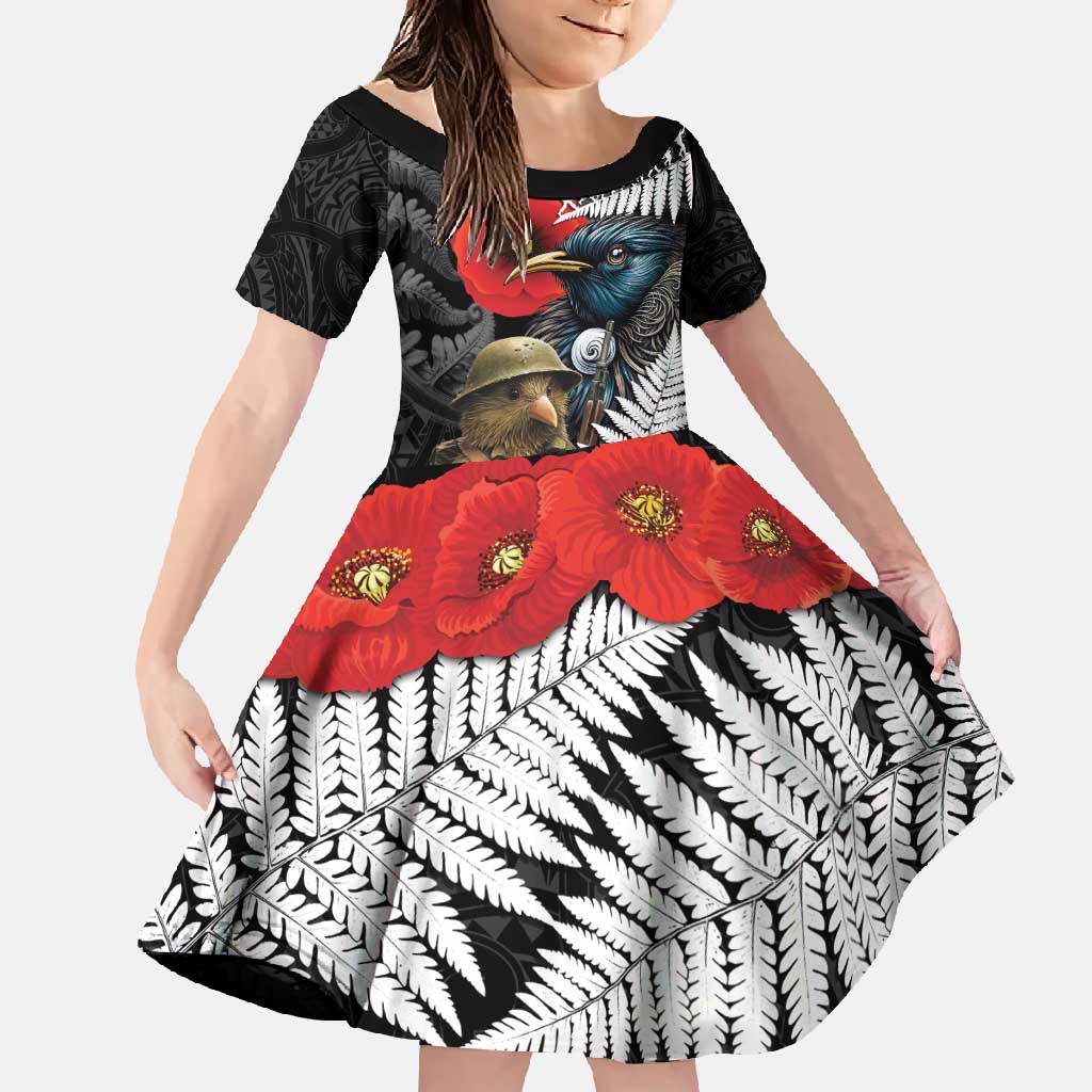 Kiwi-Tui Bird Soldier ANZAC Day Personalised Family Matching Short Sleeve Bodycon Dress and Hawaiian Shirt Maori Silver Fern Motif