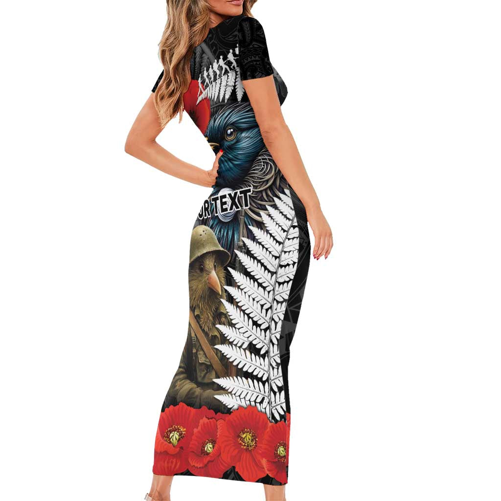 Kiwi-Tui Bird Soldier ANZAC Day Personalised Family Matching Short Sleeve Bodycon Dress and Hawaiian Shirt Maori Silver Fern Motif