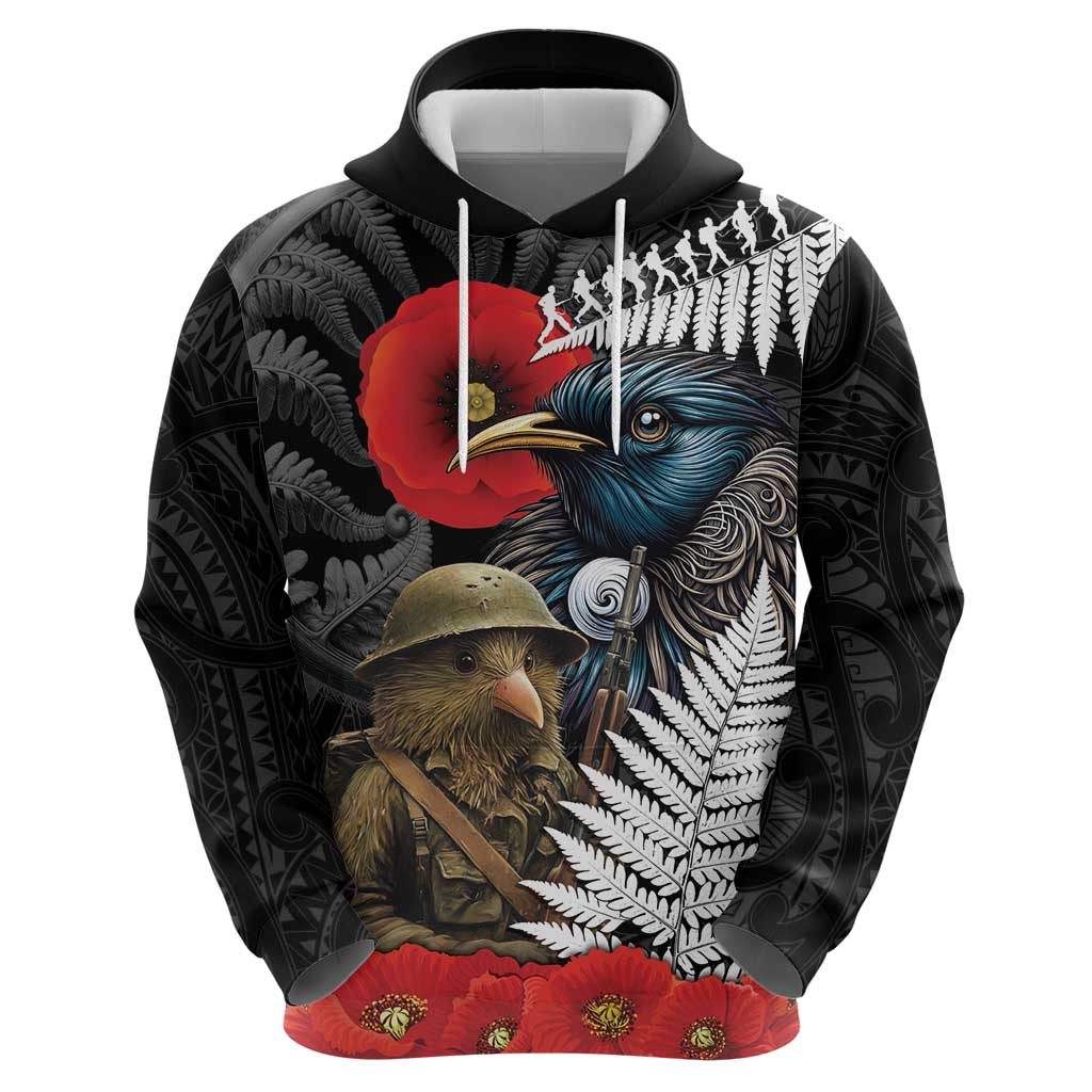 Kiwi-Tui Bird Soldier ANZAC Day Personalised Hoodie Maori Silver Fern Motif