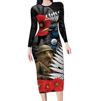 Kiwi-Tui Bird Soldier ANZAC Day Personalised Long Sleeve Bodycon Dress Maori Silver Fern Motif