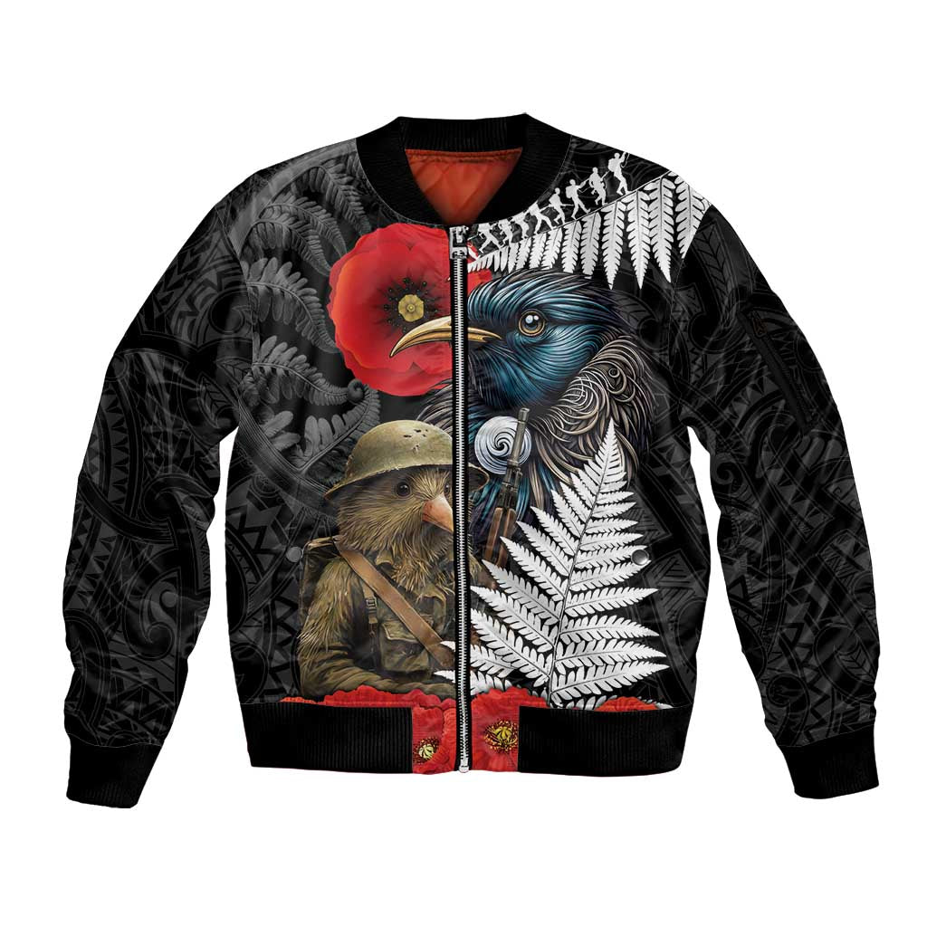 Kiwi-Tui Bird Soldier ANZAC Day Personalised Sleeve Zip Bomber Jacket Maori Silver Fern Motif