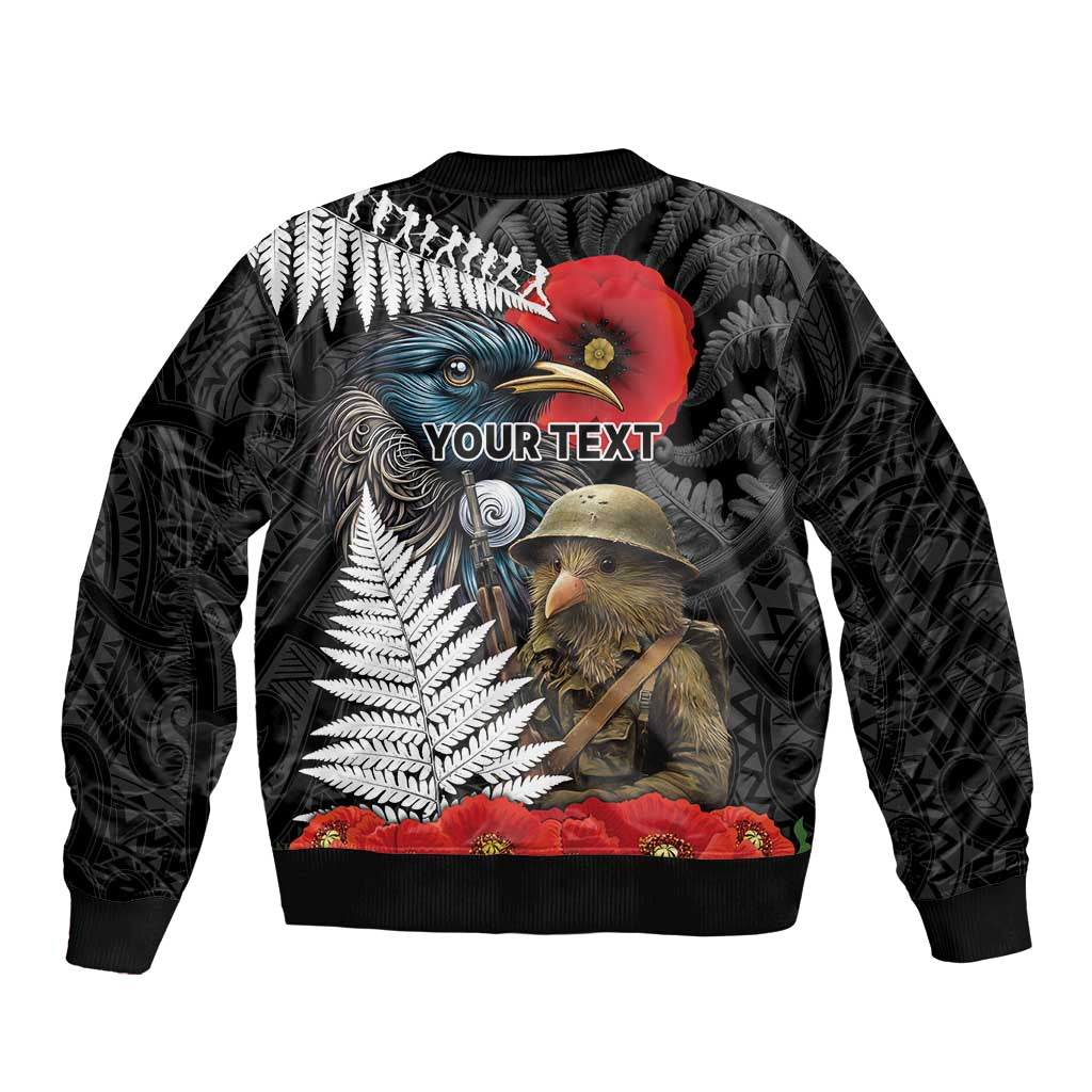 Kiwi-Tui Bird Soldier ANZAC Day Personalised Sleeve Zip Bomber Jacket Maori Silver Fern Motif