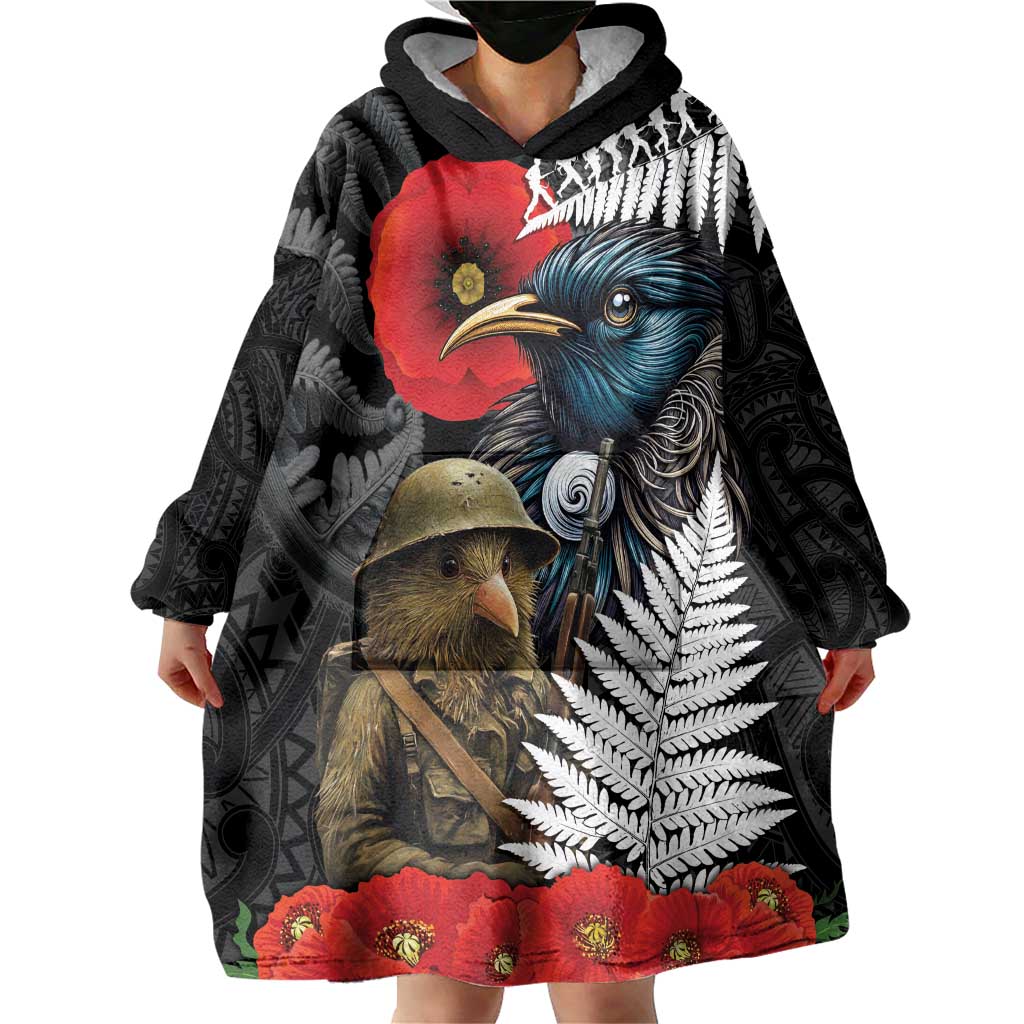 Kiwi-Tui Bird Soldier ANZAC Day Personalised Wearable Blanket Hoodie Maori Silver Fern Motif