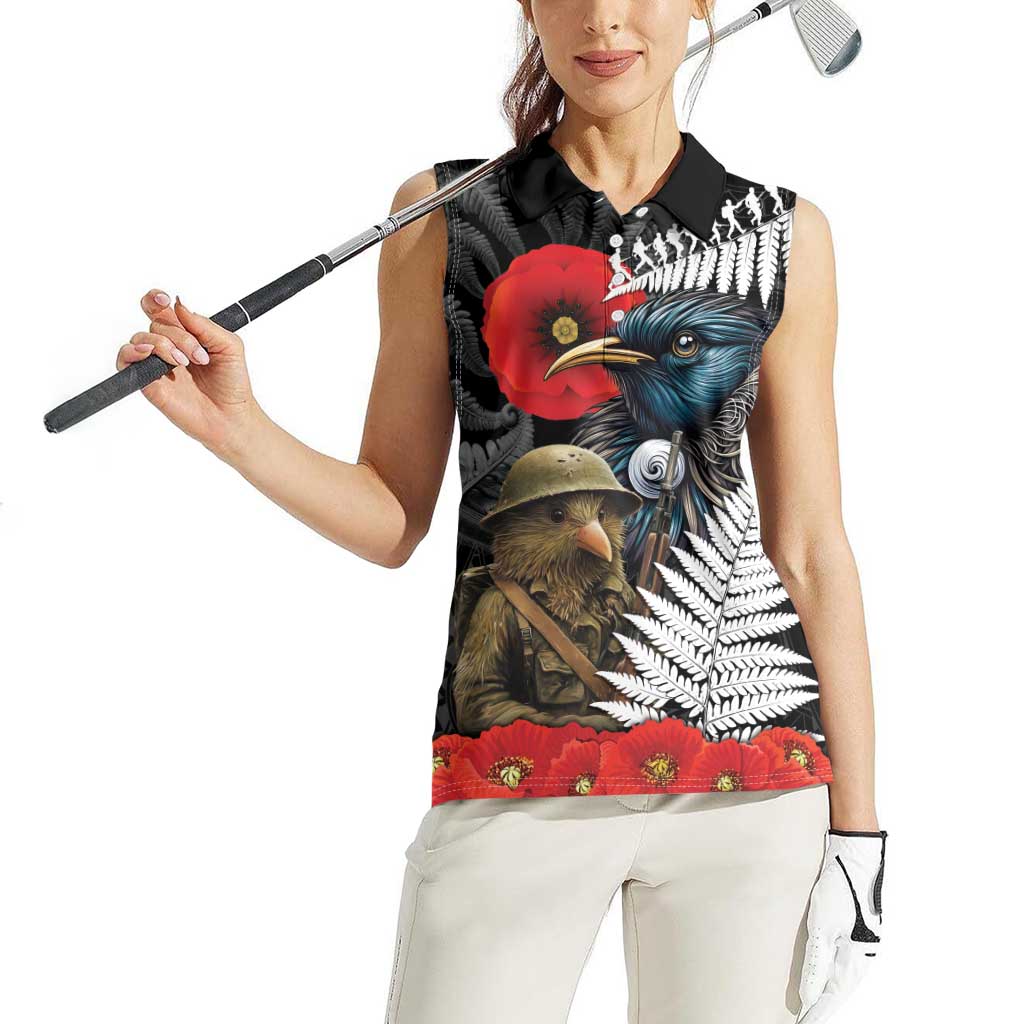 Kiwi-Tui Bird Soldier ANZAC Day Personalised Women Sleeveless Polo Shirt Maori Silver Fern Motif