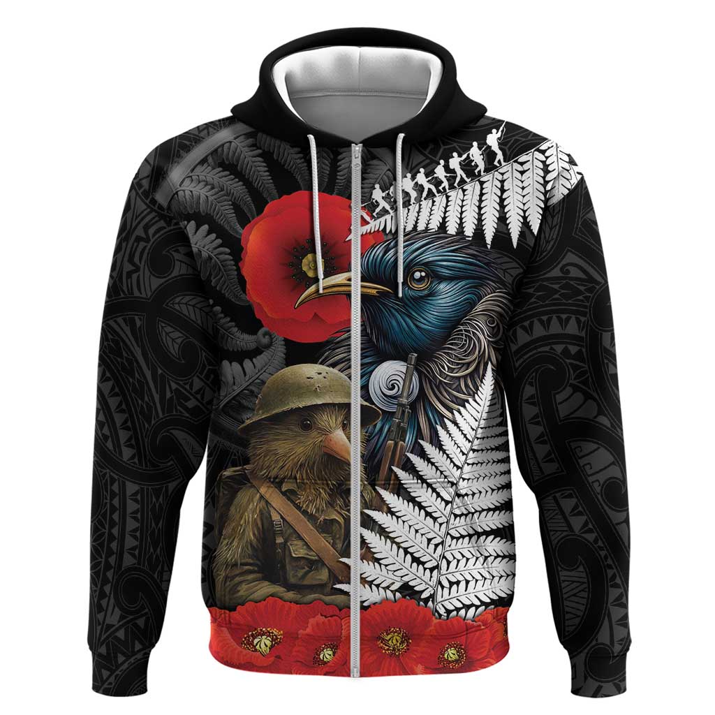 Kiwi-Tui Bird Soldier ANZAC Day Personalised Zip Hoodie Maori Silver Fern Motif LT9 Zip Hoodie Black - Polynesian Pride