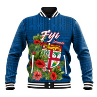 Polynesian Pride Fiji Baseball Jacket Tropical Flowers and Tapa Pattern LT9 Unisex Blue - Polynesian Pride