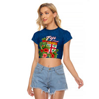Polynesian Pride Fiji Raglan Cropped T Shirt Tropical Flowers and Tapa Pattern LT9 Female Blue - Polynesian Pride