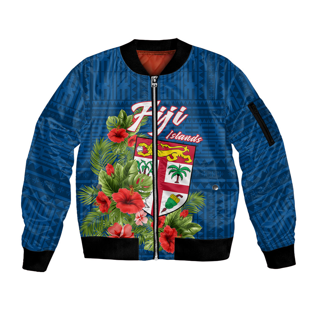 Polynesian Pride Fiji Sleeve Zip Bomber Jacket Tropical Flowers and Tapa Pattern LT9 Unisex Blue - Polynesian Pride