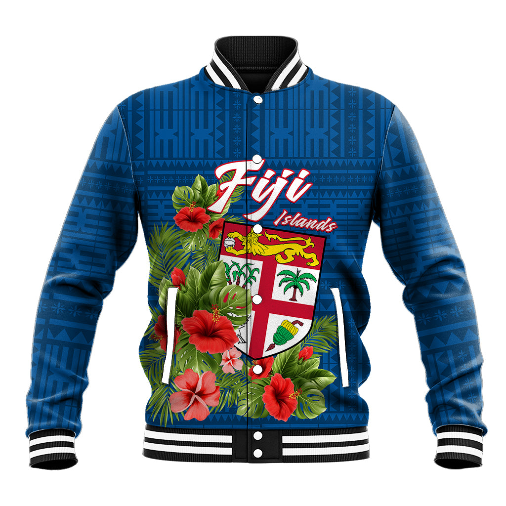 Personalised Fiji Baseball Jacket Tropical Flowers and Tapa Pattern LT9 Unisex Blue - Polynesian Pride