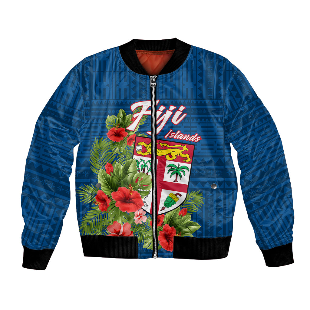 Personalised Fiji Bomber Jacket Tropical Flowers and Tapa Pattern LT9 Unisex Blue - Polynesian Pride