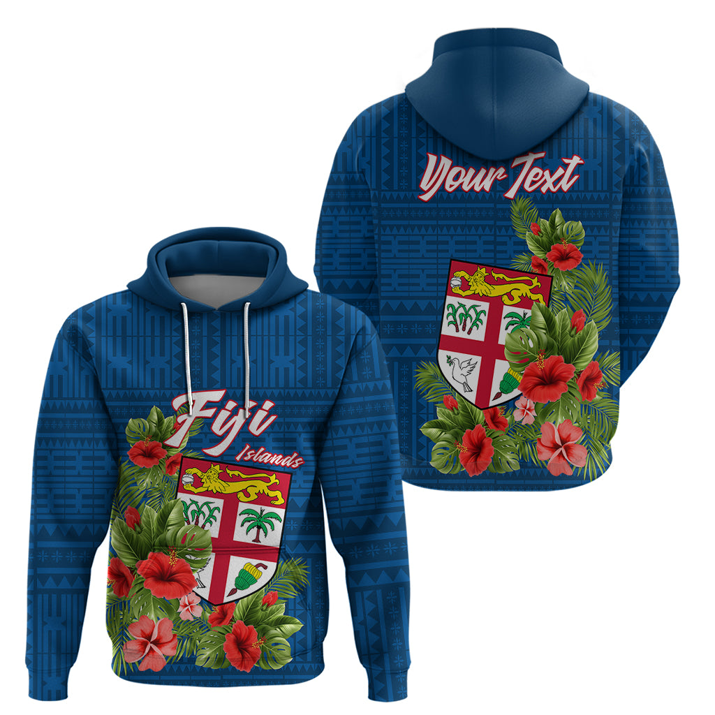 Custom Fiji Hoodie Tropical Flowers and Tapa Pattern LT9 Pullover Hoodie Blue - Polynesian Pride