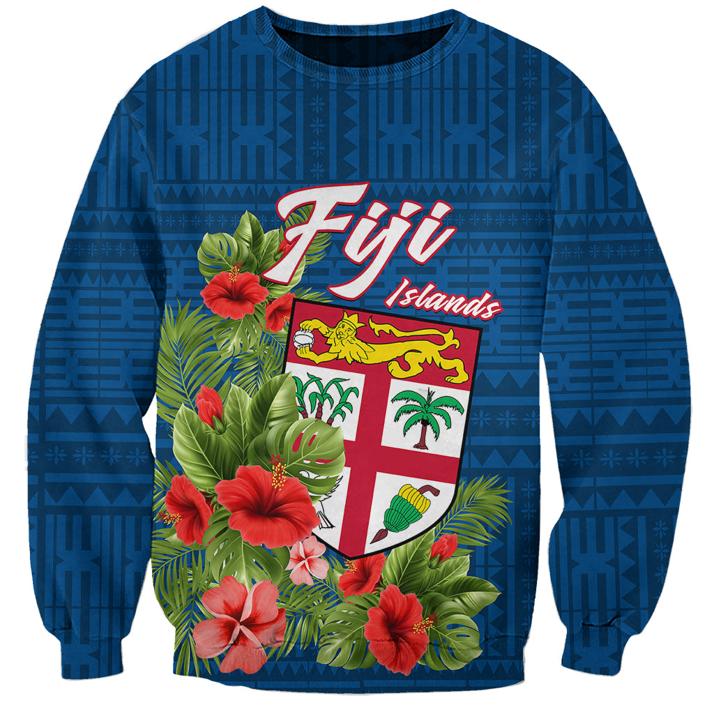 Personalised Fiji Sweatshirt Tropical Flowers and Tapa Pattern LT9 Unisex Blue - Polynesian Pride
