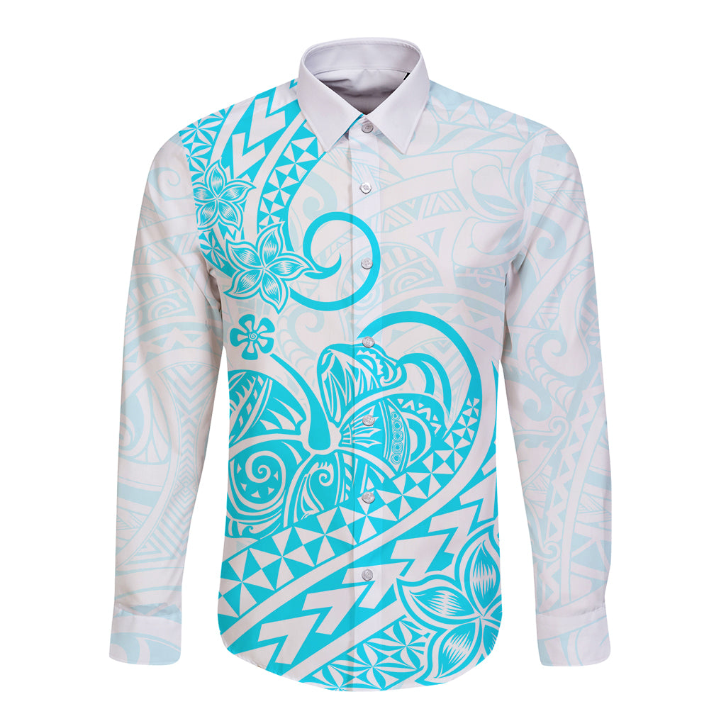 Polynesian Long Sleeve Button Shirt Tribal Tattoo Aqua Screen Color LT9 Unisex Aqua - Polynesian Pride