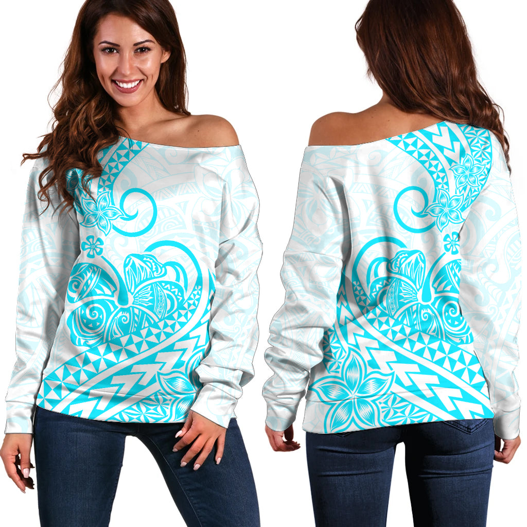 Polynesian Off Shoulder Sweater Tribal Tattoo Aqua Screen Color LT9 Women Aqua - Polynesian Pride