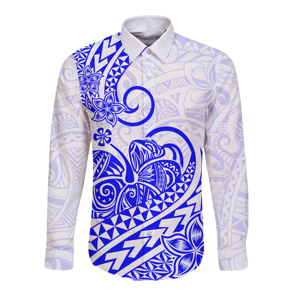 Polynesian Long Sleeve Button Shirt Tribal Tattoo Blue Screen Color LT9 Unisex Blue - Polynesian Pride