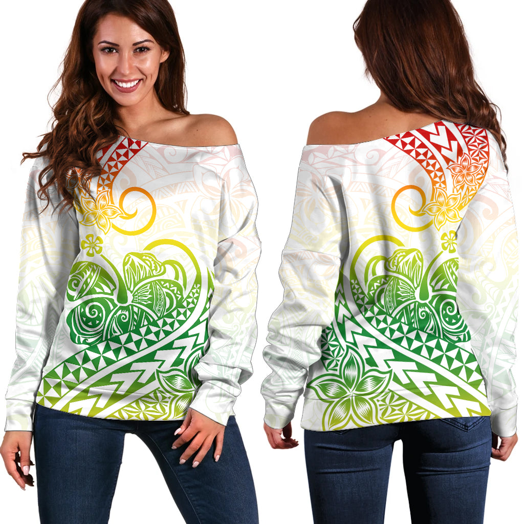Polynesian Off Shoulder Sweater Tribal Tattoo Gradient 02 Screen Color LT9 Women Gradient - Polynesian Pride