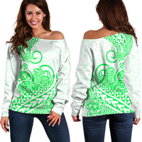 Polynesian Off Shoulder Sweater Tribal Tattoo Green Screen Color LT9 Women Green - Polynesian Pride