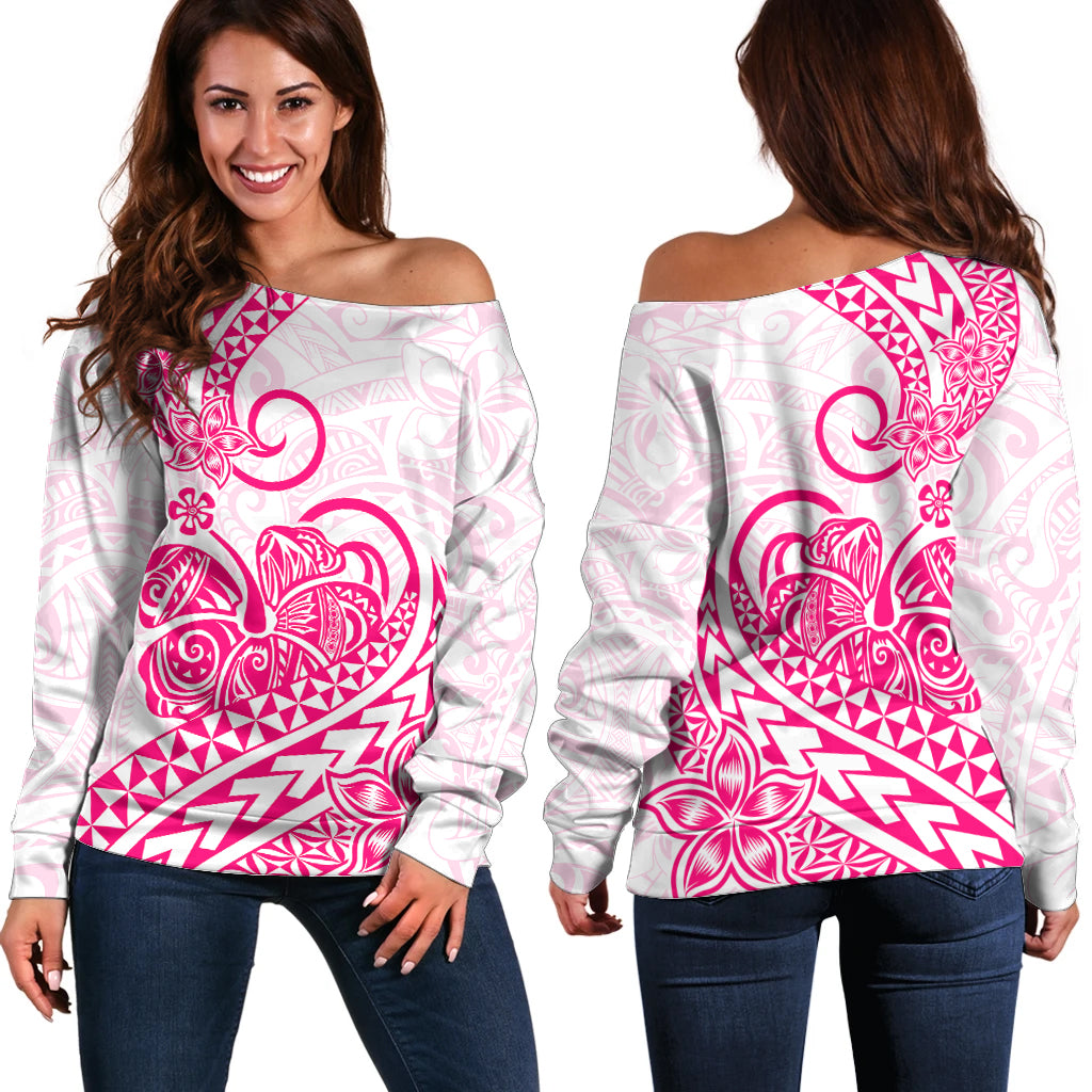 Polynesian Off Shoulder Sweater Tribal Tattoo Pink Screen Color LT9 Women Pink - Polynesian Pride