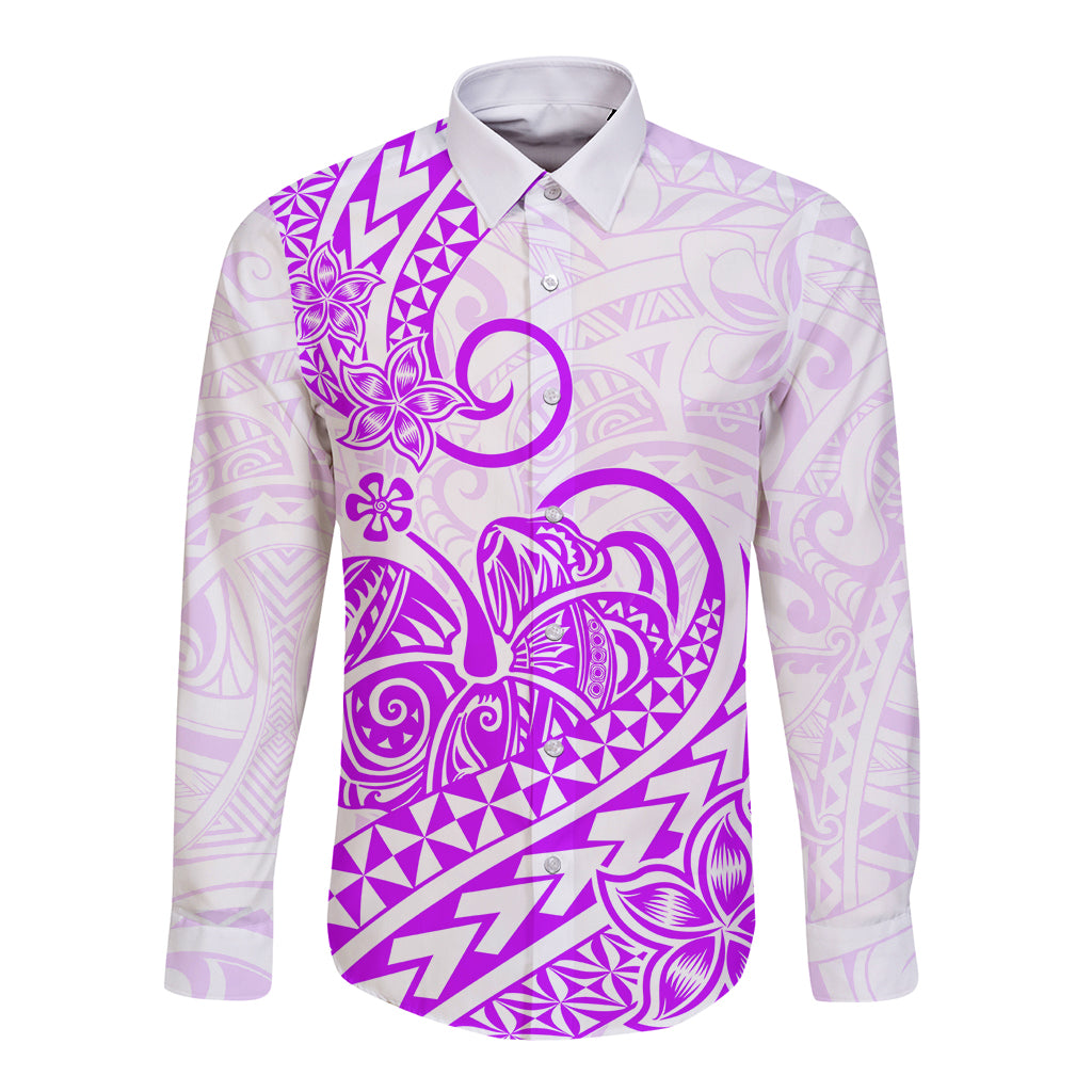 Polynesian Long Sleeve Button Shirt Tribal Tattoo Purple Screen Color LT9 Unisex Purple - Polynesian Pride