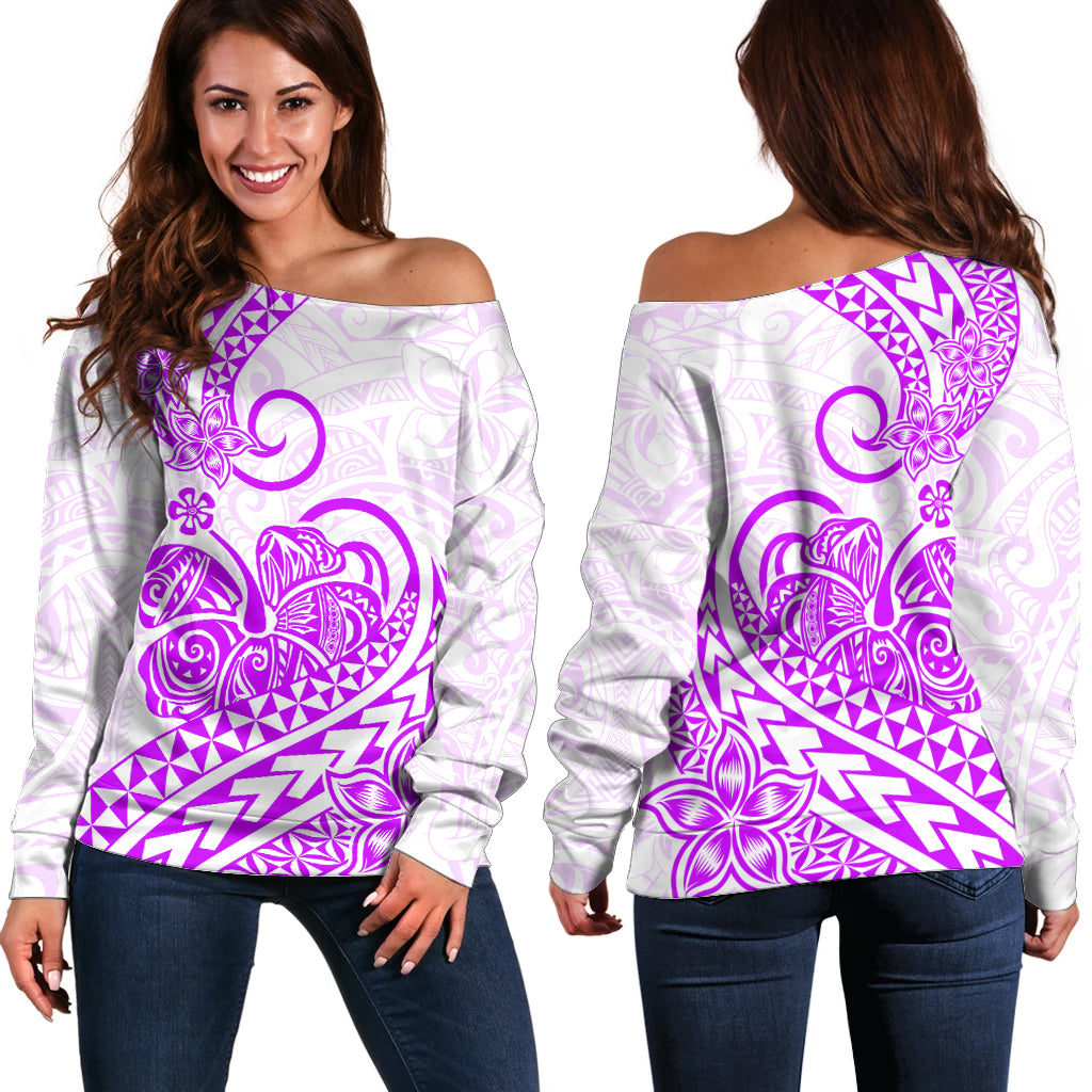 Polynesian Off Shoulder Sweater Tribal Tattoo Purple Screen Color LT9 Women Purple - Polynesian Pride