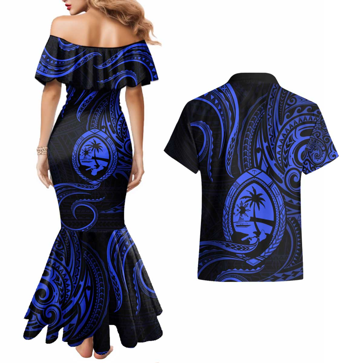 Polynesian Guam Coat of Arms Couples Matching Mermaid Dress and Hawaiian Shirt Polynesian Tribal Tattoo Blue Version