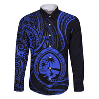 Polynesian Guam Coat of Arms Family Matching Off Shoulder Maxi Dress and Hawaiian Shirt Polynesian Tribal Tattoo Blue Version