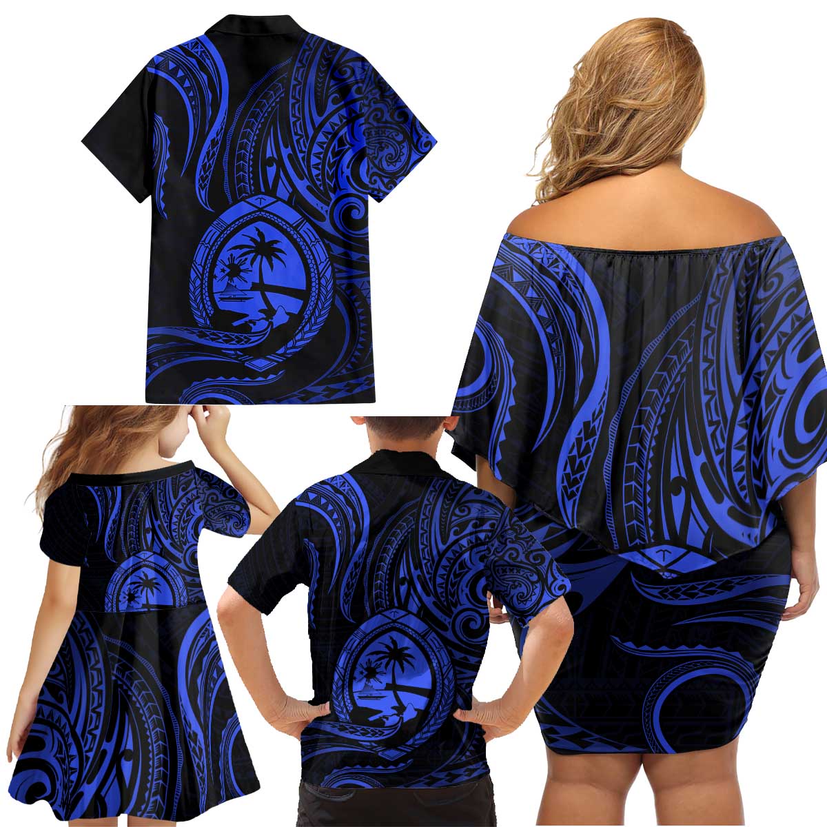 Polynesian Guam Coat of Arms Family Matching Off Shoulder Short Dress and Hawaiian Shirt Polynesian Tribal Tattoo Blue Version