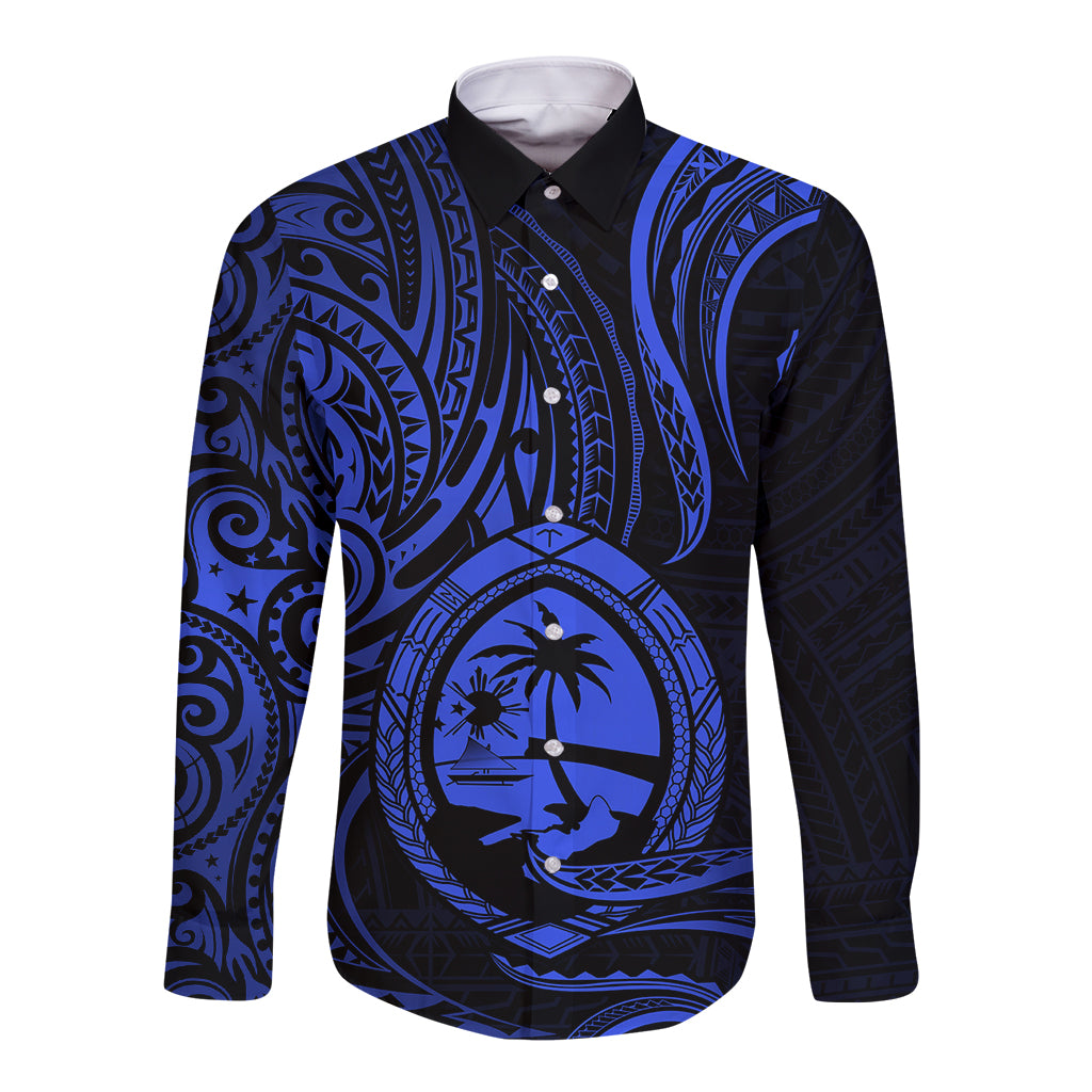 Polynesian Pride Guam Long Sleeve Button Shirt With Polynesian Tribal Tattoo and Coat of Arms Blue Version LT9 Unisex Blue - Polynesian Pride