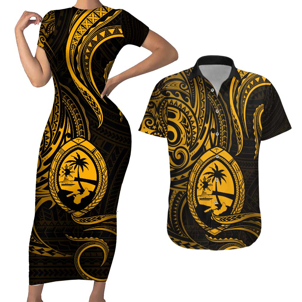 Polynesian Guam Coat of Arms Couples Matching Short Sleeve Bodycon Dress and Hawaiian Shirt Polynesian Tribal Tattoo Gold Version