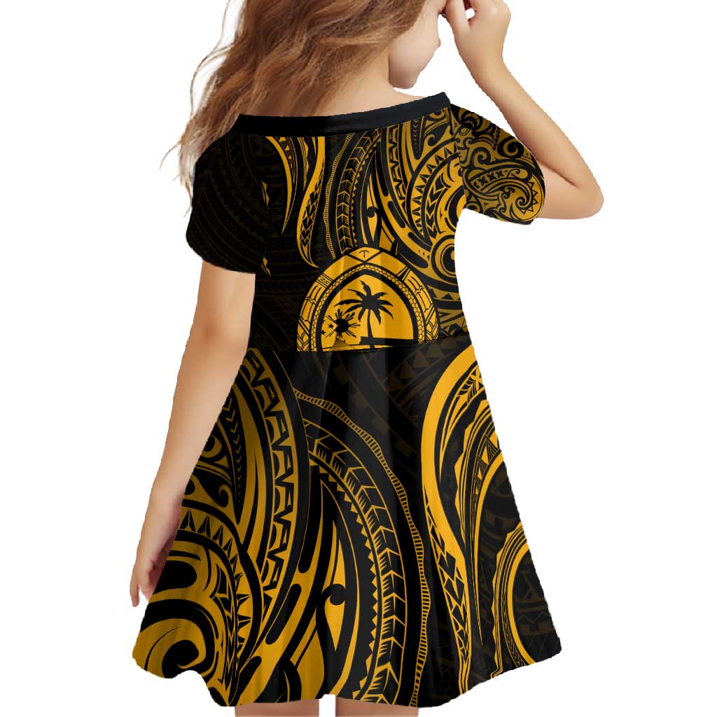 Polynesian Guam Coat of Arms Family Matching Long Sleeve Bodycon Dress and Hawaiian Shirt Polynesian Tribal Tattoo Gold Version