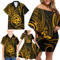 Polynesian Guam Coat of Arms Family Matching Off Shoulder Short Dress and Hawaiian Shirt Polynesian Tribal Tattoo Gold Version