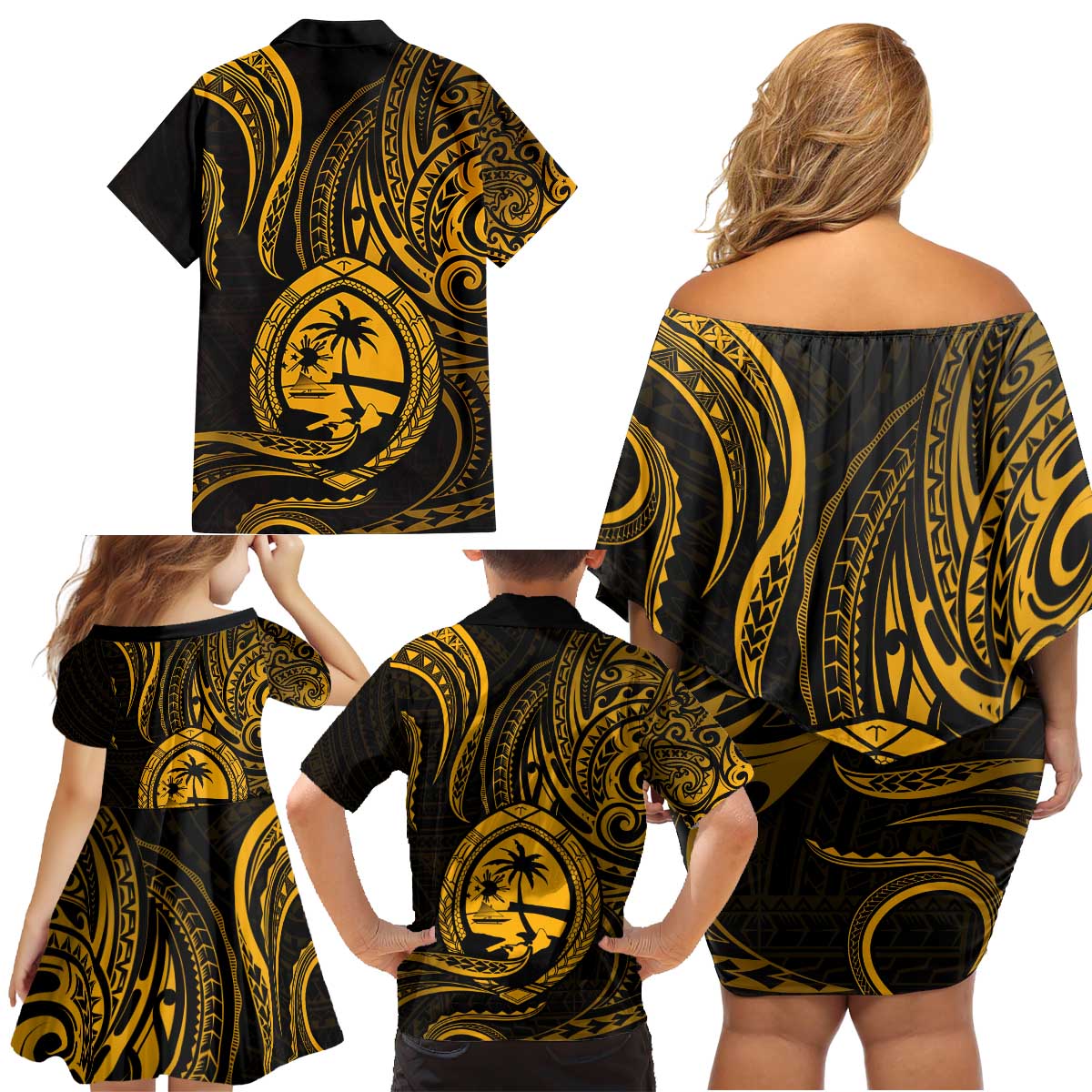 Polynesian Guam Coat of Arms Family Matching Off Shoulder Short Dress and Hawaiian Shirt Polynesian Tribal Tattoo Gold Version
