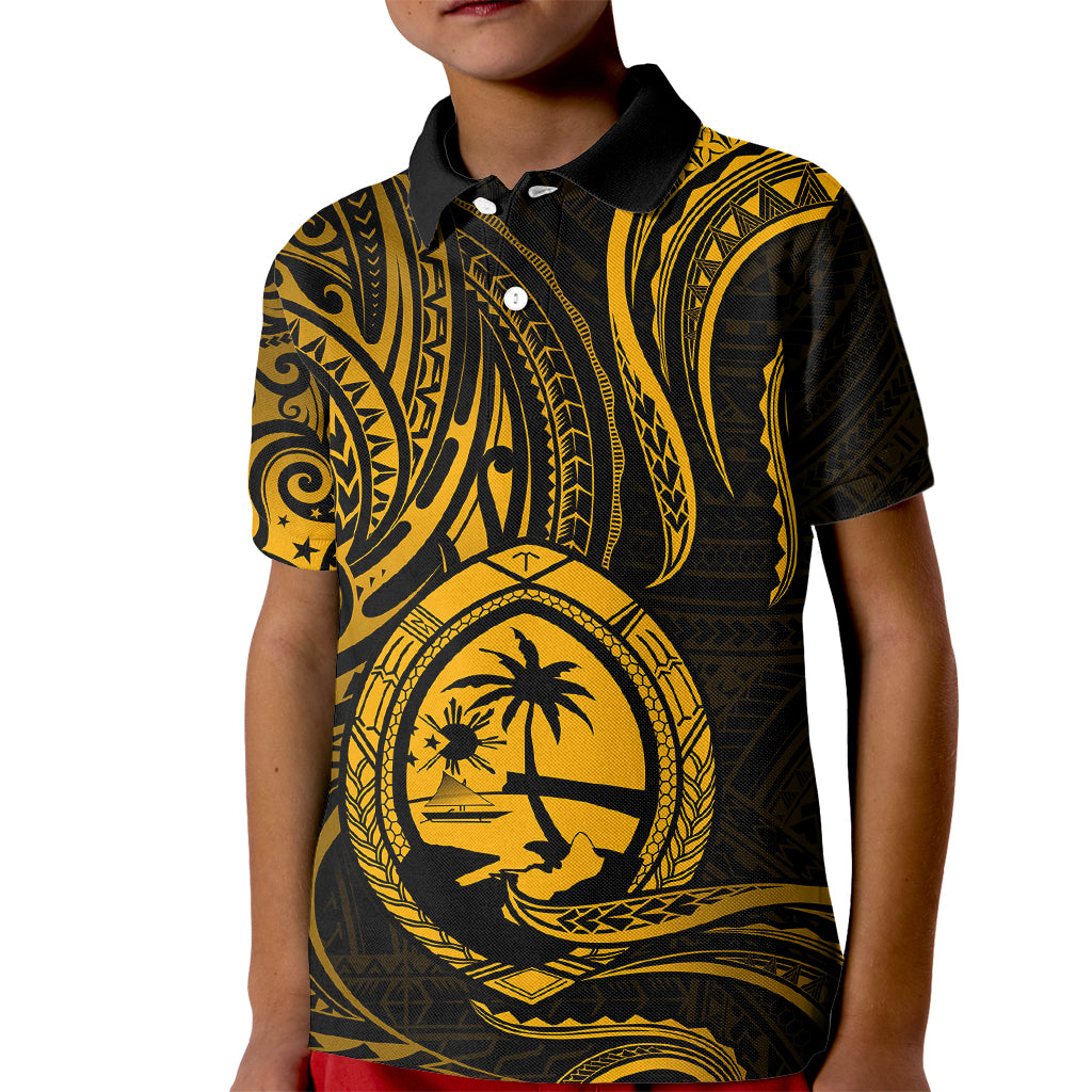 Polynesian Pride Guam Kid Polo Shirt With Polynesian Tribal Tattoo and Coat of Arms Gold Version LT9 Kid Gold - Polynesian Pride