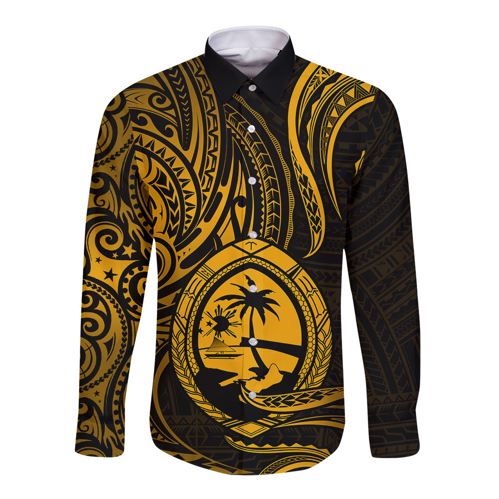 Polynesian Pride Guam Long Sleeve Button Shirt With Polynesian Tribal Tattoo and Coat of Arms Gold Version LT9 Unisex Gold - Polynesian Pride