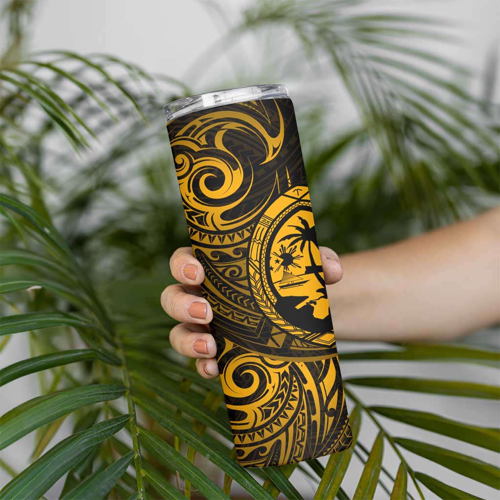 Polynesian Guam Coat of Arms Skinny Tumbler Polynesian Tribal Tattoo Gold Version