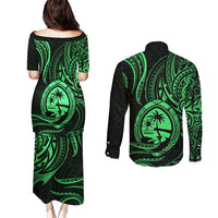 Polynesian Guam Coat of Arms Couples Matching Puletasi and Long Sleeve Button Shirt Polynesian Tribal Tattoo Green Version LT9 - Polynesian Pride
