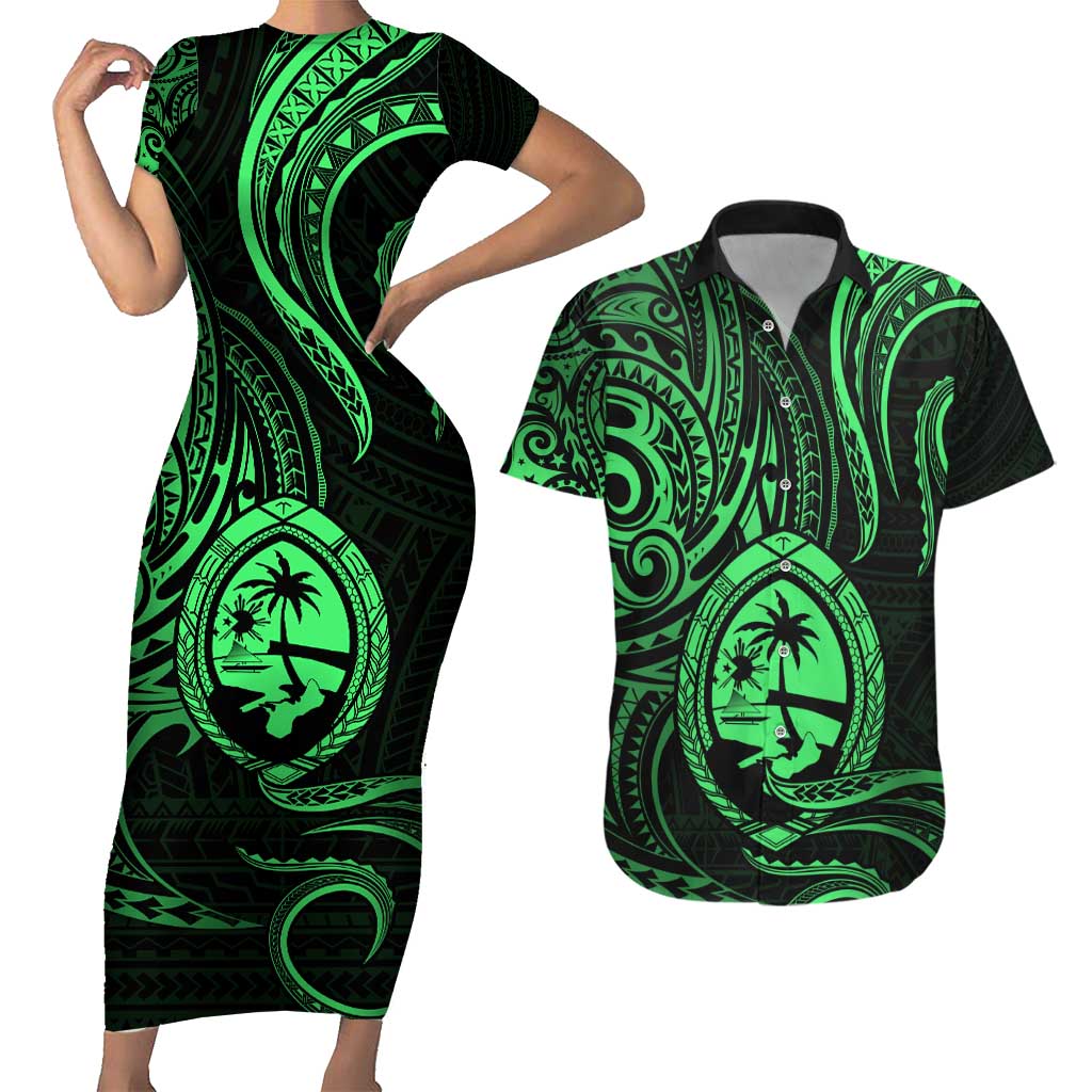 Polynesian Guam Coat of Arms Couples Matching Short Sleeve Bodycon Dress and Hawaiian Shirt Polynesian Tribal Tattoo Green Version