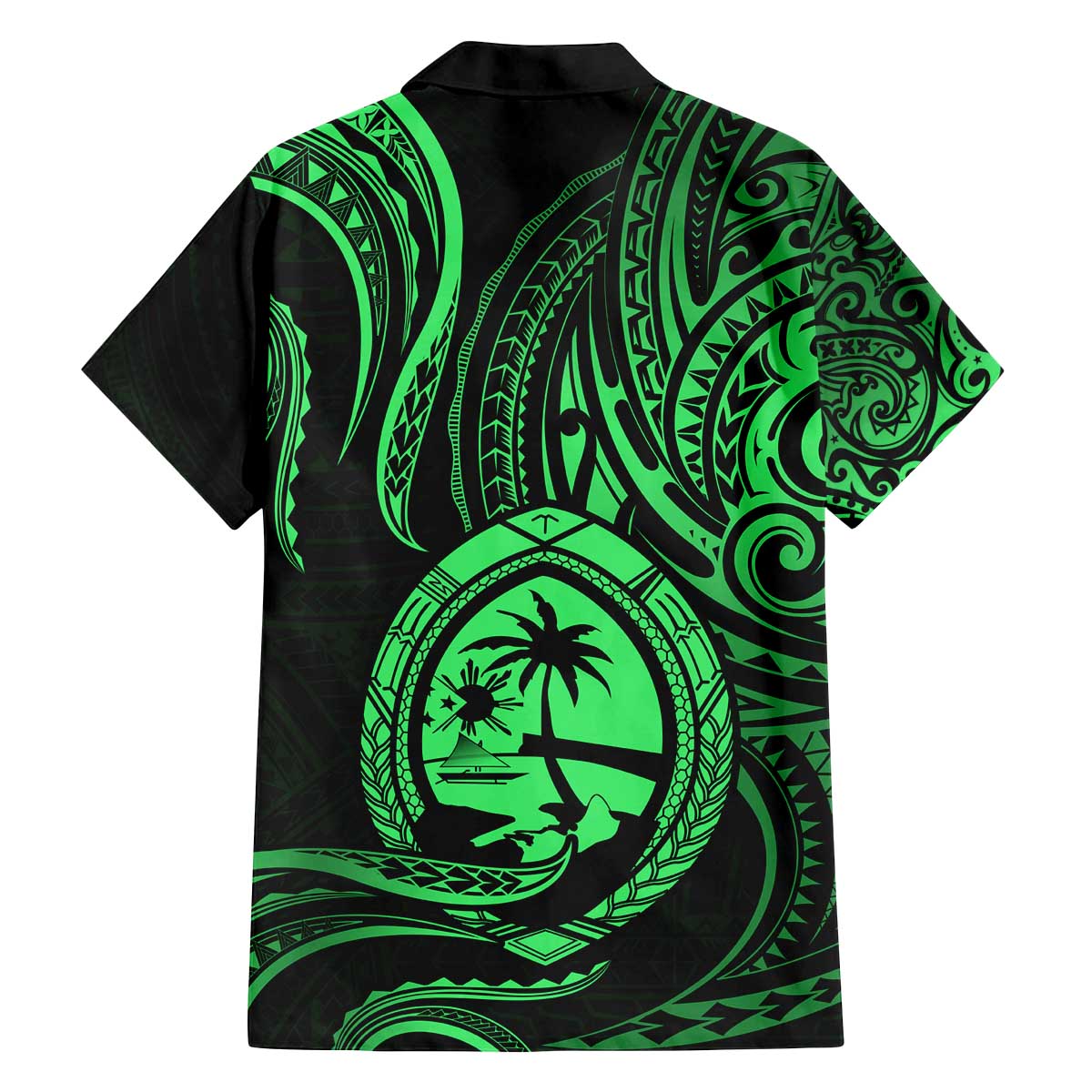 Polynesian Guam Coat of Arms Family Matching Off The Shoulder Long Sleeve Dress and Hawaiian Shirt Polynesian Tribal Tattoo Green Version