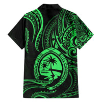 Polynesian Guam Coat of Arms Family Matching Off Shoulder Short Dress and Hawaiian Shirt Polynesian Tribal Tattoo Green Version