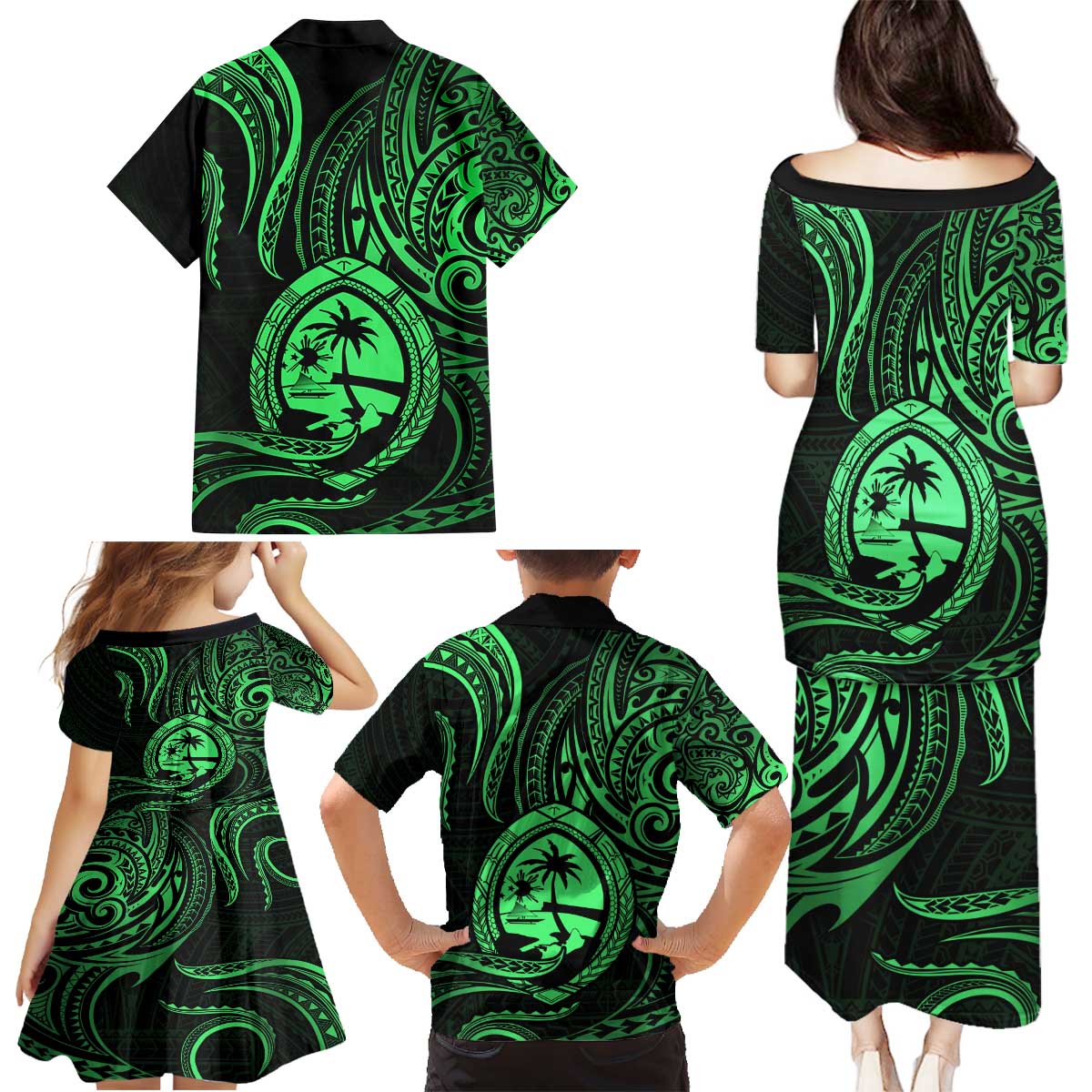 Polynesian Guam Coat of Arms Family Matching Puletasi and Hawaiian Shirt Polynesian Tribal Tattoo Green Version LT9 - Polynesian Pride