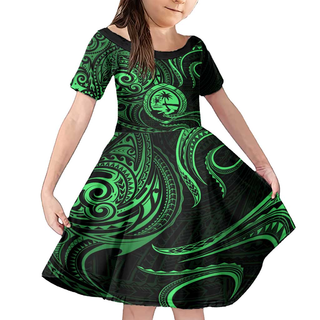 Polynesian Guam Coat of Arms Family Matching Summer Maxi Dress and Hawaiian Shirt Polynesian Tribal Tattoo Green Version LT9 Daughter's Dress Green - Polynesian Pride