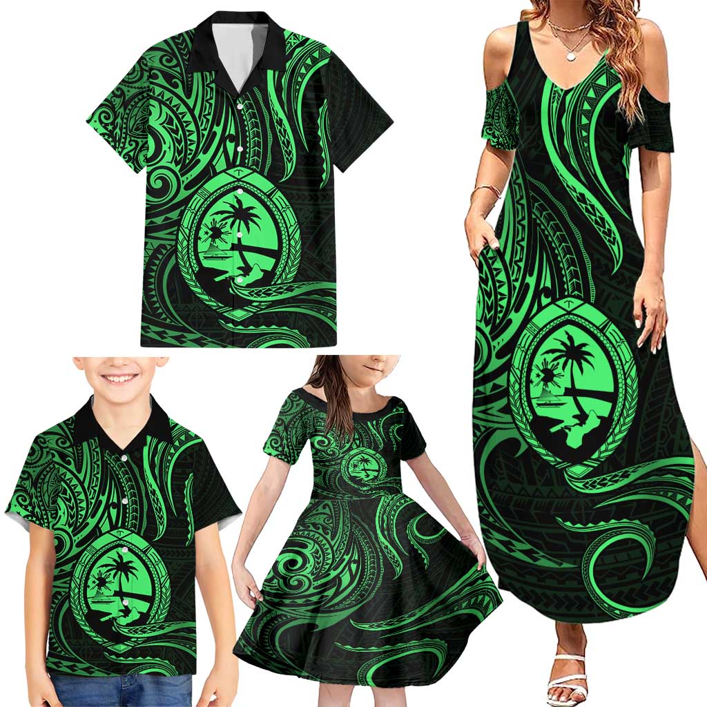 Polynesian Guam Coat of Arms Family Matching Summer Maxi Dress and Hawaiian Shirt Polynesian Tribal Tattoo Green Version LT9 - Polynesian Pride