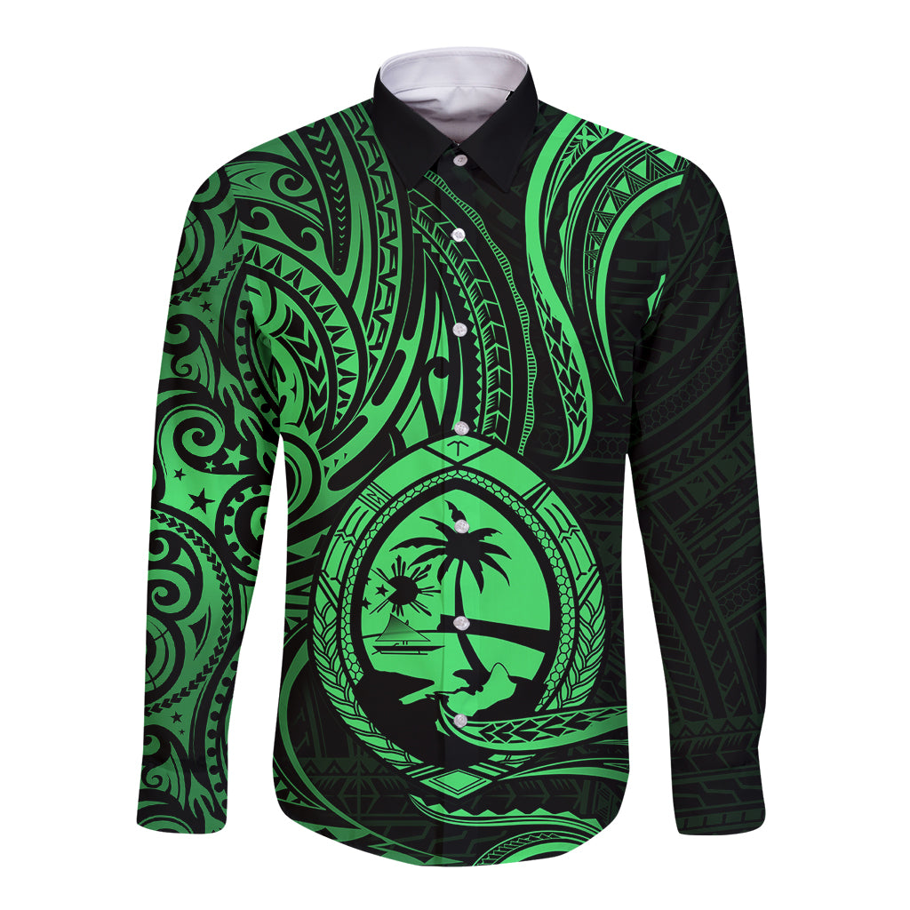 Polynesian Pride Guam Long Sleeve Button Shirt With Polynesian Tribal Tattoo and Coat of Arms Green Version LT9 Unisex Green - Polynesian Pride