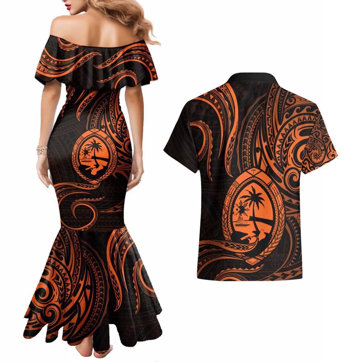 Polynesian Guam Coat of Arms Couples Matching Mermaid Dress and Hawaiian Shirt Polynesian Tribal Tattoo Orange Version