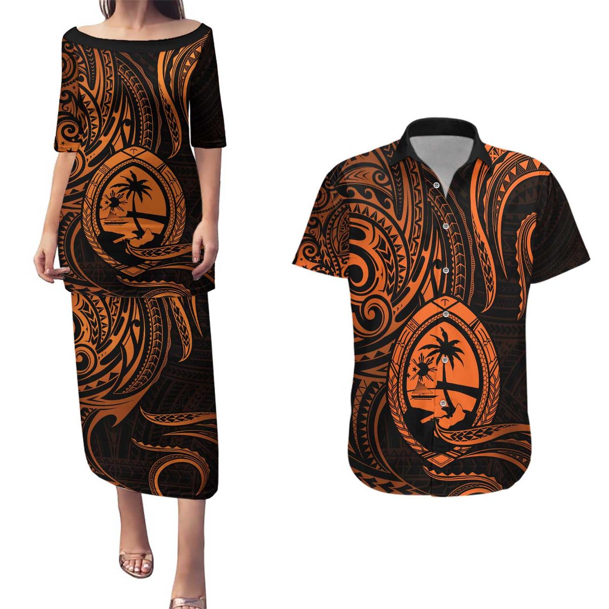 Polynesian Guam Coat of Arms Couples Matching Puletasi and Hawaiian Shirt Polynesian Tribal Tattoo Orange Version LT9 Orange - Polynesian Pride