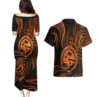 Polynesian Guam Coat of Arms Couples Matching Puletasi and Hawaiian Shirt Polynesian Tribal Tattoo Orange Version LT9 - Polynesian Pride