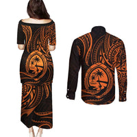 Polynesian Guam Coat of Arms Couples Matching Puletasi and Long Sleeve Button Shirt Polynesian Tribal Tattoo Orange Version LT9 - Polynesian Pride