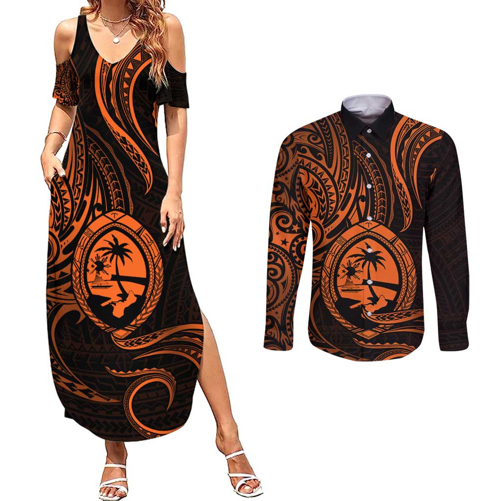 Polynesian Guam Coat of Arms Couples Matching Summer Maxi Dress and Long Sleeve Button Shirt Polynesian Tribal Tattoo Orange Version LT9 Orange - Polynesian Pride