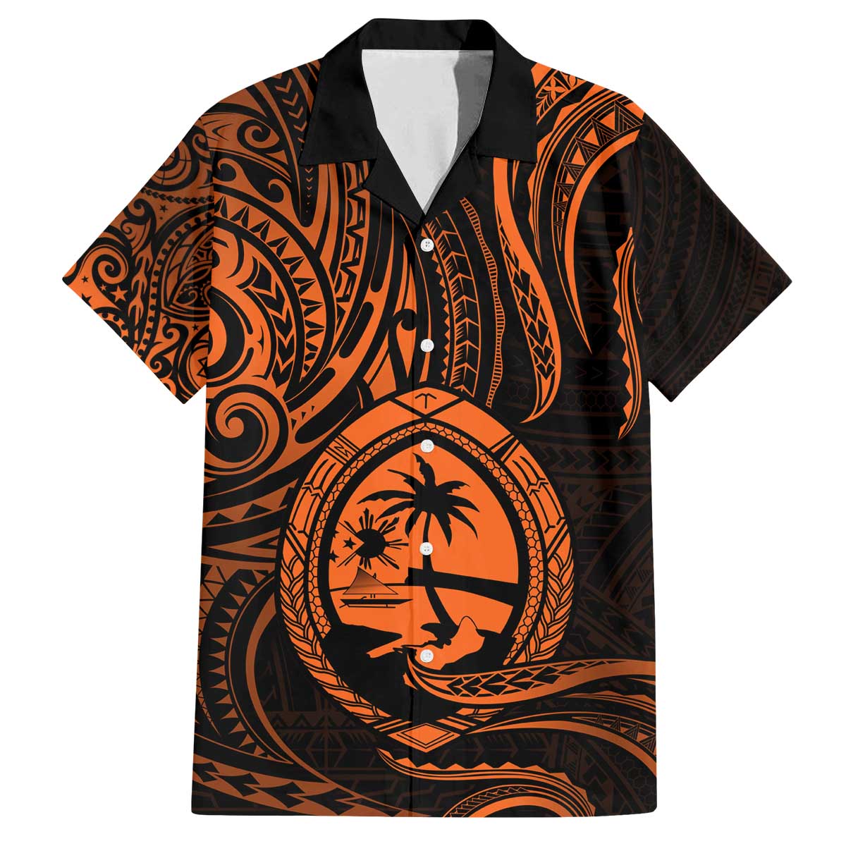 Polynesian Guam Coat of Arms Family Matching Off The Shoulder Long Sleeve Dress and Hawaiian Shirt Polynesian Tribal Tattoo Orange Version